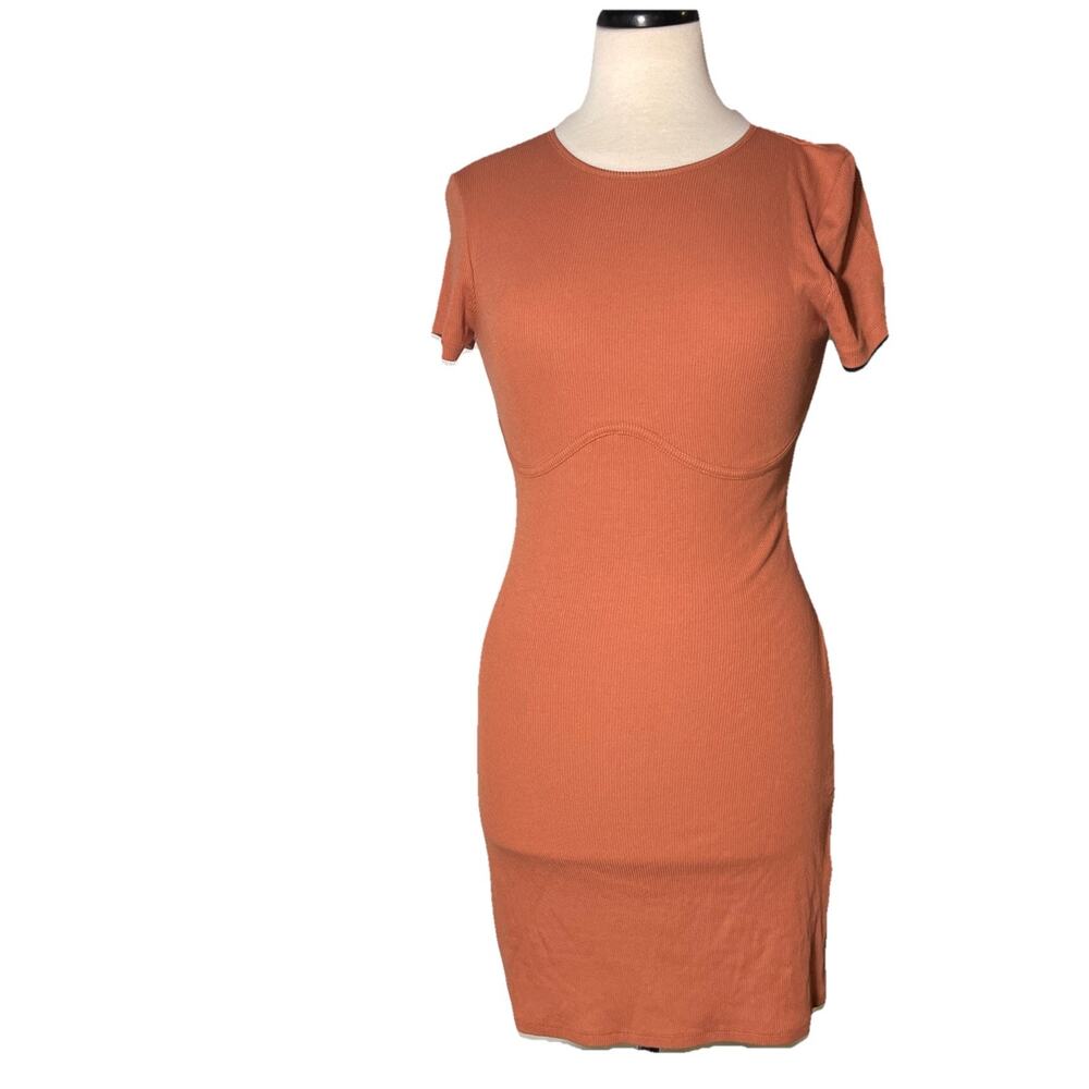 Heart & Hips Rust Brown Ribbed Short Sleeve Body Hugging Dress Large